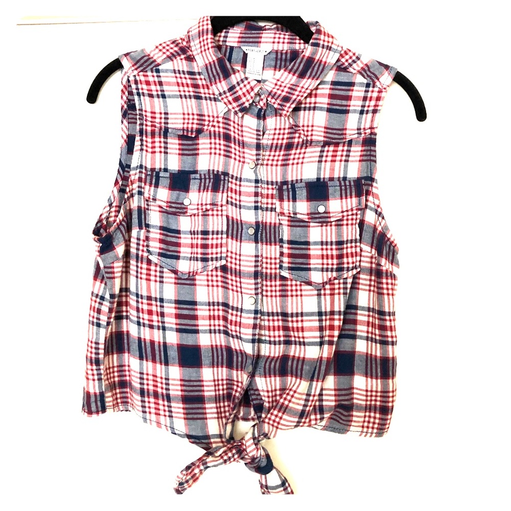 Button up blue, red & cream plaid tie shirt.